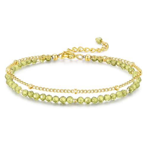 Mirocane Peridot Stand Gold Bracelet, Handmade August Birthstones Stack Bracelets Crystal Gemstones Bead Chain Gifts for Women, 8
