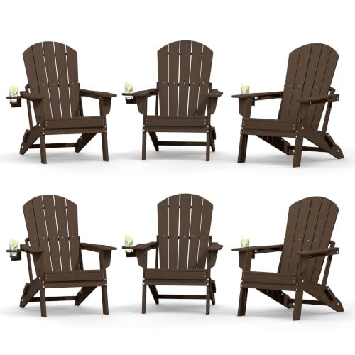 Image of Plawdlik Folding Adirondack Chair Set of 6 with Cup Holder,Wooden Textured ,Heavy All-Weather HDPE Comfortable Set Poolside Backyard Lawn, Coffee