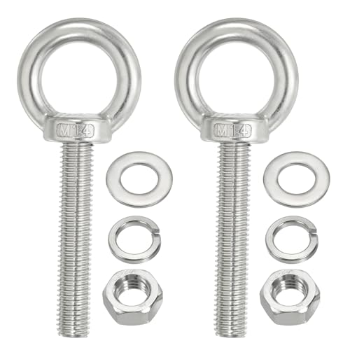 Image of PATIKIL M14 x 80mm Lifting Shoulder Eye Bolt, 2Pcs 304 Stainless Steel Lifting Ring Threaded Eyebolt with Nuts Washers for Hanging Hammocks Articles