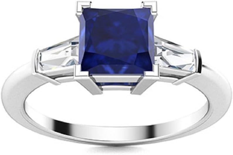 Blue Princess Cut Sapphire Three-Stone Ring with Tapered Baguette Accents Classic 925 Sterling Silver Engagement & Wedding Ring for Women