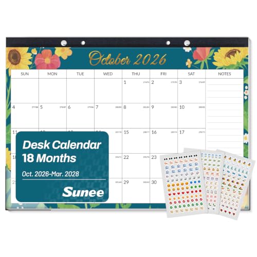 Image of SUNEE Desk Calendar 2027 - 17 inch x 12 inch Desk Pad Calendar, 18-Month Monthly Planner Oct. 2026 - Mar. 2028, Desktop Calendar with 308 Planner Stickers, Plastic Protective Corners for Office, School and Home, Floar