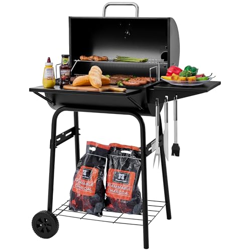 Royal Gourmet CC1624 Barrel Charcoal Grill, Large Charcoal Grill with Side & Front Shelves, 426 sq. in. Cooking Grid, Sturdy Side Shelf with Hooks, for Outdoor Backyard and Picnics, Black