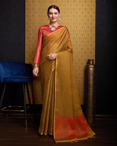 Image of SWORNOF Women's Linen Cotton Silk Saree with Unstitched Blouse Piece | Saree for Women | Saree with Blouse Piece | Soft and Skin Friendly
