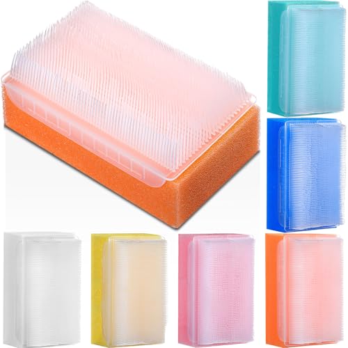 Image of Sunnyray 6 Pack Bath Sponges Soft Foam Scrubber with Cradle Cap Bristle Brush 2 in 1, Cleansing Body, Hair and Scalp Cleansing, Gentle on Baby and Toddler Sensitive Skin, Sterile and Safe