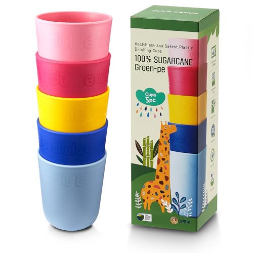 Image of Dulce Worlds SUGARCANE Kids Cups 10 oz - 5 Pack, USDA & LFGB Certified Toddler Cups - BPA Free - Dishwasher Safe, Reusable, Unbreakable - Multi