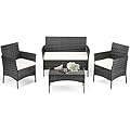 DUMOS Patio Furniture Set 4 Pieces, Outdoor Wicker Furniture with Coffee Table, Modern Rattan Patio Chairs Conversation Sets with Sofa for Garden, Terrace, Porch, Balconies, Lawns (Black and Beige)