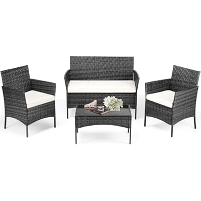 DUMOS Patio Furniture Set 4 Pieces, Outdoor Wicker Furniture with Coffee Table, Modern Rattan Patio Chairs Conversation Sets with Sofa for Garden, Terrace, Porch, Balconies, Lawns (Black and Beige)