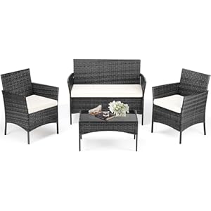 DUMOS Patio Furniture Set 4 Pieces, Outdoor Wicker Furniture with Coffee Table, Modern Rattan Patio Chairs Conversation Sets with Sofa for Garden, Terrace, Porch, Balconies, Lawns, Black
