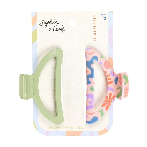 Goody X Sophia Yeshi Medium Claw Clips, SlideProof Hair Clips for Women & Men, Secure Grip, All Hair Types, Pink (Multicolor) + Green - 2 Ct