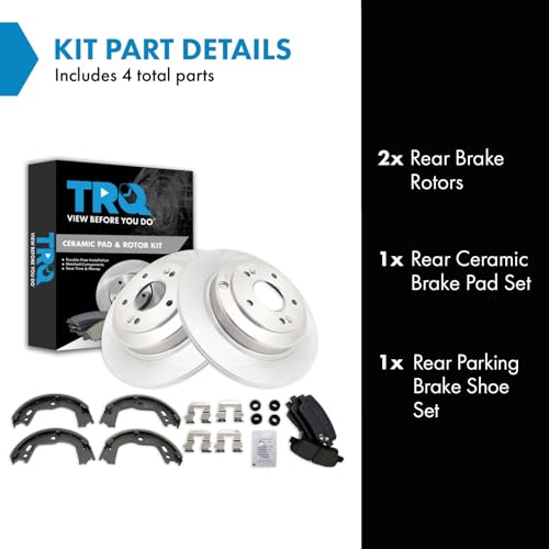 Image of TRQ Rear Brake Pad and Rotor Set Ceramic Parking Brake Shoes Compatible with 2010-2014 Hyundai Genesis Coupe 17 Inch Wheels