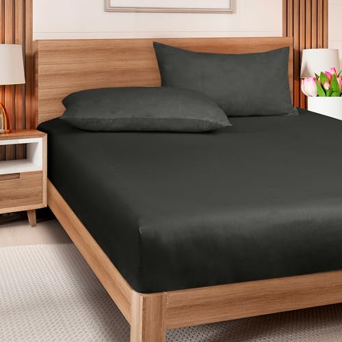 Image of ROYALE LINENS 300 Thread Count 100% Long Staple Combed Cotton Fitted Sheet California King - Super Soft Deep Pocket Bottom Sheet - Fitted Sheets Only - Elastic Sheets (Cal King, Black)