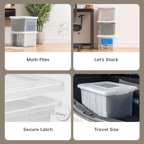 Image of IRIS USA File Box, Plastic File Organizer with Lids for Letter /Legal File, Portable Document Box For Moving, Storage Bin with Durable and Secure Lid, Stackable Nestable BPA-Free, Clear 35 Qt. 4 Pack