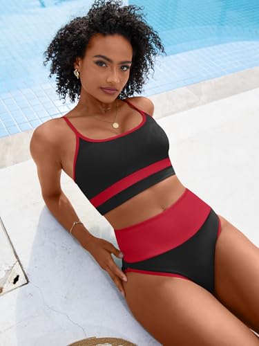 Image of ANRABESS Women's High Waisted Bikini Sets,Color Block 2 Piece Swimsuits,Tummy Control Bathing Suits,Thick Ribbed Beach Wear