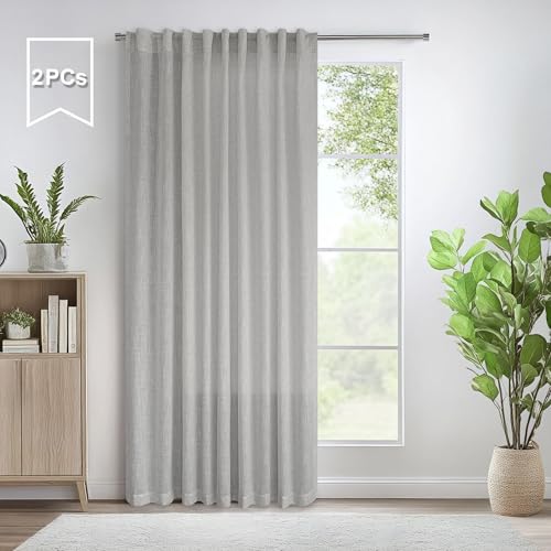 60 Inch Wide Curtains Grey for Living Room 2 Panels Set Back Tab Pocket Drape Semi Sheer Burlap Linen Extra Large Boho Farmhouse Light Gray Curtain for Bedroom Neutral Earth Width 5 x 9 FT Long 60x108