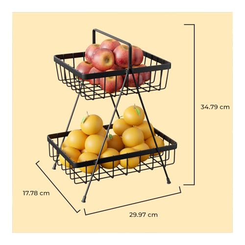 Image of Lifelong 2-Tier Fruit Basket Stand for Kitchen & Dining Table|Black Metal Wire Organizer for Fruits, Vegetables & Snacks |Countertop Storage Rack with Baskets |Vertical Storage for Pantry & Home Decor