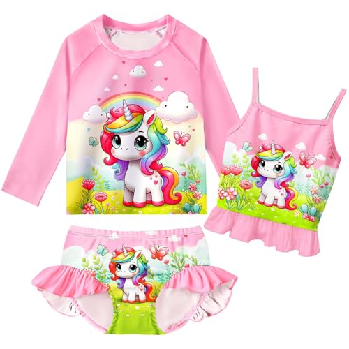 Image of Girls Kids Rash Guard Sets 3 Pieces Tankini Bathing Suit Swimwear Long Sleeves Swimsuit for 3-8 Years