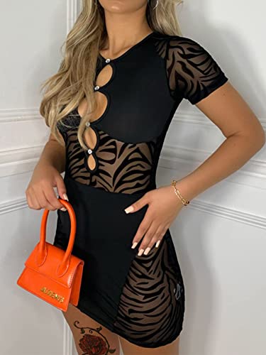Hilinker Women's Hollow Out Short Sleeve Bodycon Dress Sheer Mesh Patchwork Mini Dress Black Medium #TOP3
