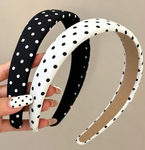 Huachi Polka Dot Headbands for Women Non Slip: Plastic Wide Head Bands 1 inch Cute Padded Headband for Girls Trendy Hair Accessories 2PCS