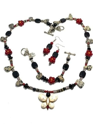 Handmade Jewelry Set - Clay Butterfly Pendant, Jasper, Coral, Obsidian, Puca Shell, Lampwork Flowers & Pewter # 97