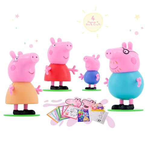 Peppa Pig Toys, Peppa Pig 4 Figures + Kids' Play Kit, Includes Coloring Sheets, Stickers, Finger Puppet, and Assembly Cutout Figure