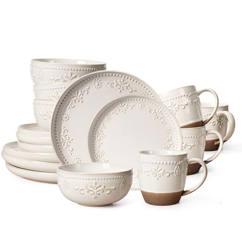Artena Plates And Bowls Sets, 16 Pieces Dinnerware Sets, Dish Set For 4, Ceramic Kitchen Bowl And Plate Set, Embossed White Dishware Sets, Dishwasher