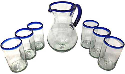 Mexican Hand Blown Glass Drinkware Set - Includes Pitcher (84oz) and 6 Blown Drinking Glasses (14oz) – Cobalt Blue Rim