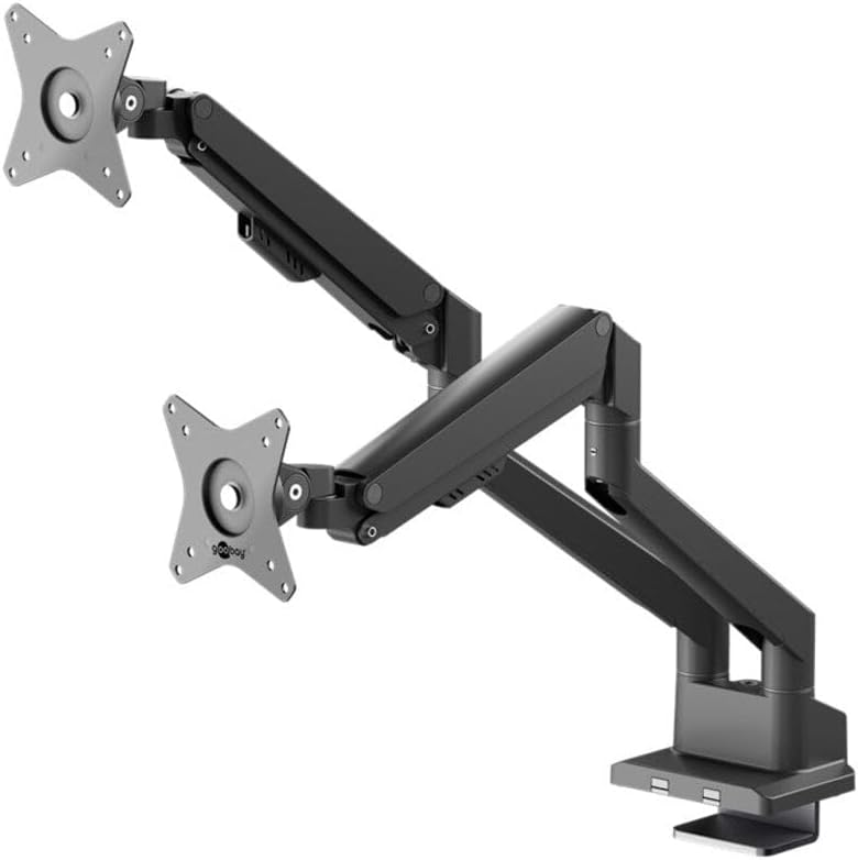 goobay Double Monitor Mount with Gas Lift for Monitors from 17 to 32 Inches (43-81 cm), Max. 9 kg, Easy Snap-in Mounting of Arms, VESA 75/100 mm, Black, 70814