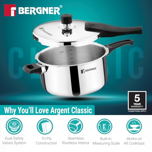 Image of Bergner Argent Classic Triply Stainless Steel 6.5 Liters Outer Lid Pressure Cooker, Triply Cooker with Resettable Safety Valve, Sturdy Handle, Easy to Use and Clean - Induction and Gas Stove Ready