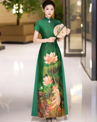 Summer Short SleeveTraditional Ao Dai Cheongsam Qipao Dress with Lotus Flowers for Wedding,Party,Evening Wear2