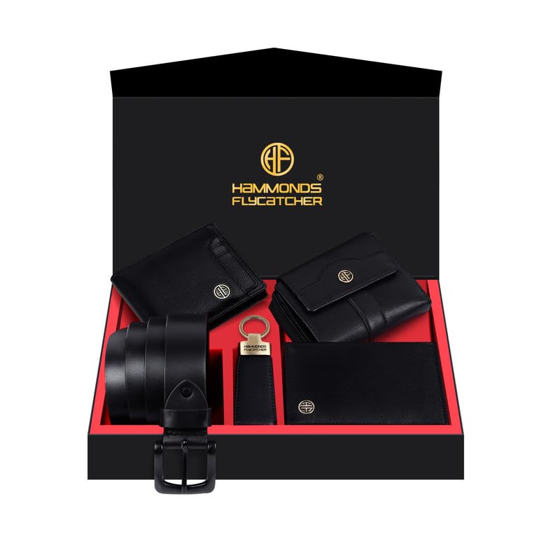 HAMMONDS FLYCATCHER Genuine Leather Premium 5 in 1 Mega Gift Combo Gifts Set for Men & Colleagues - Men's Wallet, Ladies Wallet, Passport Holder, Men's Belt & Keyring - Blux Black