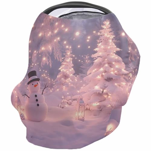 Nursing Cover for Breastfeeding Scarf, Light Pink Snow Christmas Tree Snowman Light Baby Car Covers Super Soft Multi Use for Canopy Shopping Cart Cover Blanket Stroller Cover