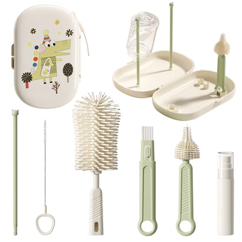 FURNIPLAS Juego de cepillos para biberones, kit de limpiador de biberones con cepillo de silicona, cepillo para pezones, cepillo para pajita, dispensador de jabón, estante de secado, herramienta de