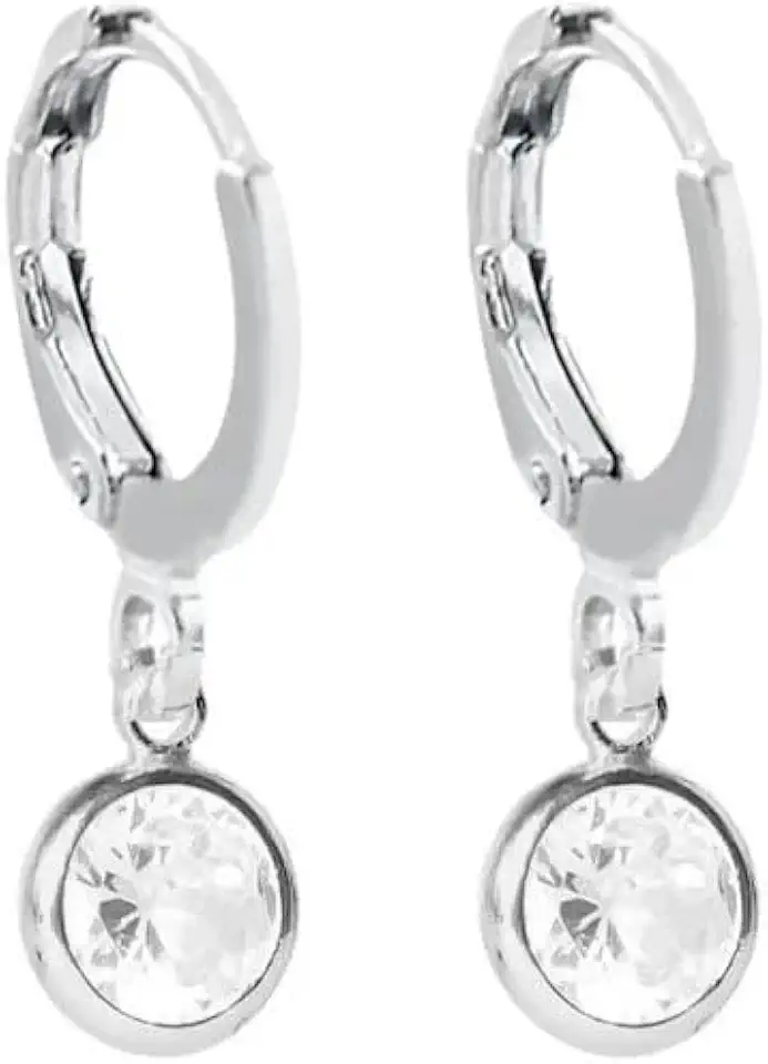 Brincos Argola com Pingente de Cristal, Banhado Prata 925 Legítima, Zircônia Redonda, Estilo Elegante