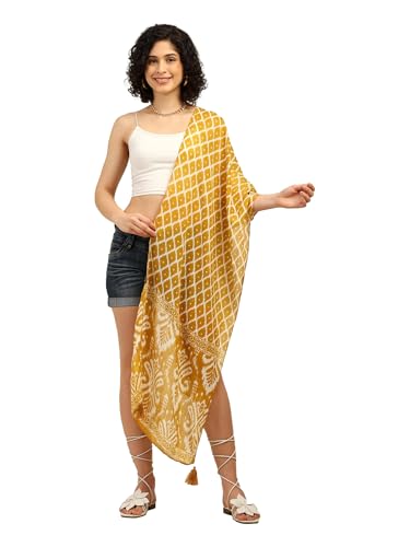 Image of KE KANHA EXPORTS Scarf for Women Premium Cotton Boho | Dual Tone Border Print Stole with Tassels | Lightweight Summer Beach Wrap 180 x 50 cm FREE Scrunchie Included