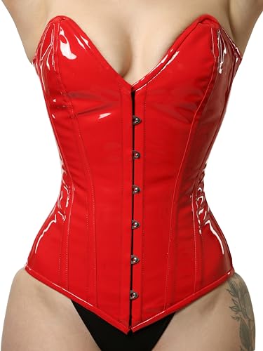 Overbust Waist Trainer Red Corset Steel Boned Womens PVC Corset Heavy Duty Waist Training Corset