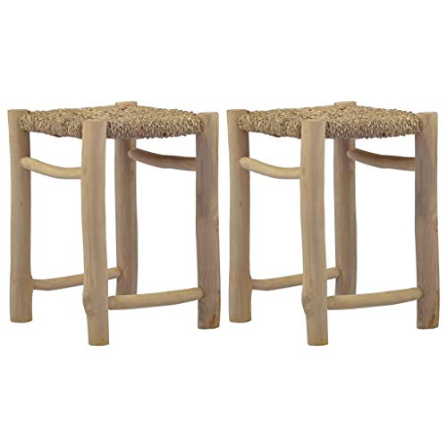 Festnight 2 Unidades Taburetes Madera Dura y Hierba Marina Marrón 30X30X42 Cm,Silla de Playa Silla de Exterior Silla de Jardín para Terraza, Balcón Camping