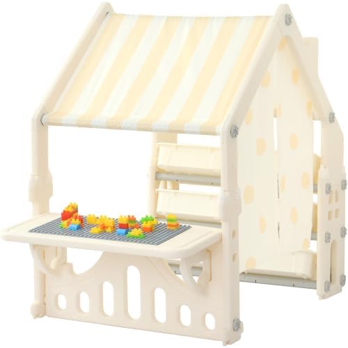 Kids Playhouse with Building Block Panel & Classified Storage Space, Children Outdoor Playset Cottage with Roof, Curtain, Spacious Play Area, Toddlers Play Tent Indoor for Creative Fun, Khaki