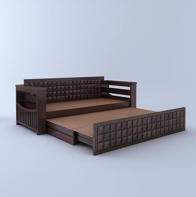 Image of Solid Sheesham Wood Sofa Cum Bed 2 Seater | Wooden Foldable Double Bed for Living Room with Storage | Bed Cum Sofa with Mattress for Home | Full Diamond Design (Walnut Finish)