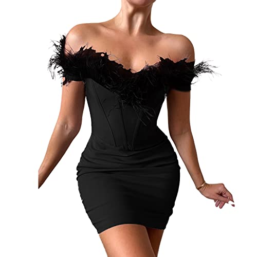 Vestido corto ajustado para mujer, de color liso, con ribete de felpa, sin mangas, con hombros descubiertos, vestido corto de verano, Negro, M