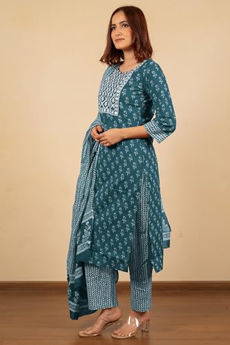 Image of MIRCHI FASHION Pure Cotton Women Straight Batik Print & Mirror Work Kurti Set with Dupatta and Pant