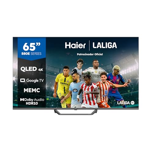 Haier QLED 4K UHD H65S80EUX - Smart TV 65, Google TV, Dolby Audio, HDR 10, Smart Remote Control, Google Assistant, Bluetooth 5.1, DBX TV, HDMI 2.1 x 4, Sin Marcos, 2024