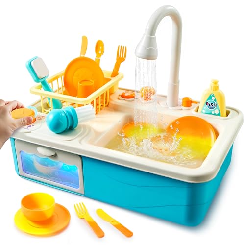 Color Changing Play Sink with Running Water, Kids Sink Toy with Electric Dishwasher, Chopping Sounds and Automatic Water Cycle System, Pretend Play Kitchen Sink for Toddler Birthday Gift for Christmas