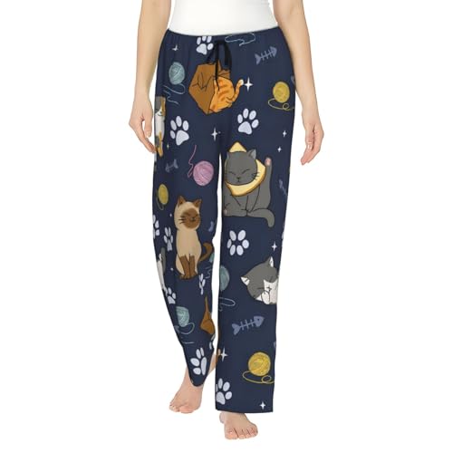 ZEYARUIBO Lazy Cat Themed Pattern On Dark Blue Background Women'S