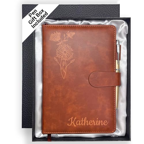 Personalized Leather Journal with Gifts Box & Pen, Custom Notebooks Diary with Engraved Birth Flower Name, Birthday Gifts for Women, Christmas Office Gift for Bridesmaid Students Teacher Mom Friend