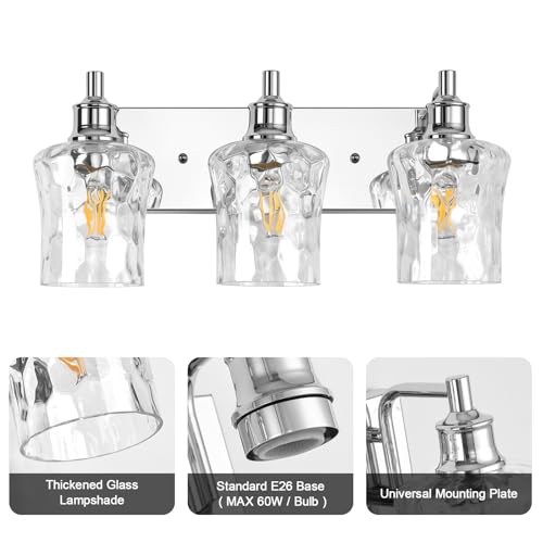Image of Farmhouse Chrome Vanity Light, 3 Light | Bathroom Lighting Fixtures, Over Mirror, Hammered Glass Lampshade, For Cabinet Mirror Bedroom Hallway