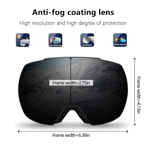 OULAIQI Ski Snow Goggles,OTG UV400 Protection,Anti Fog Skiing,Skating,Snowboarding,Snowboard Goggles For Men Women Youth (Gray) - Thumbnail 4