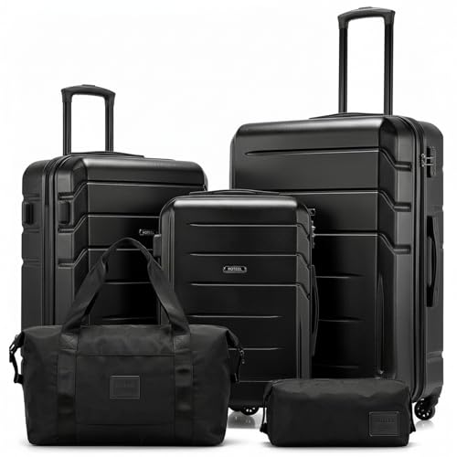 HOTEEL Expandable 5 Piece Luggage Set (4-YEARS WARRANTY) ABS+PC Hardshell Carry on Suitcase Silent Universal Wheels & TSA Lock for, Unisex Rolling Suit Case, for Travel, Family, Black (20/24/28/DB/TB)
