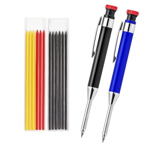NORTOOOLS - Pacote de 2 lápis para carpinteiro, lápis de carpinteiro resistentes com 14 peças sobressalentes, marcadores automáticos de ponta comprida com afia integrada para carpinteiros