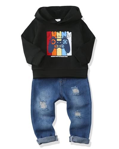 Image of Renotemy Toddler Baby Boy Clothes Denim Outfits Infant Hooded Sweatshirt Jeans Pants Little Boys Clothing