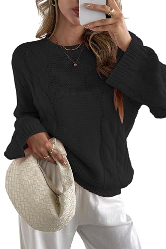 Image of Cakulo Womens Oversized Pullover Sweaters Bell Sleeve Chunky Cable Knit Sweater Crewneck Trendy Knitted Tops 2025